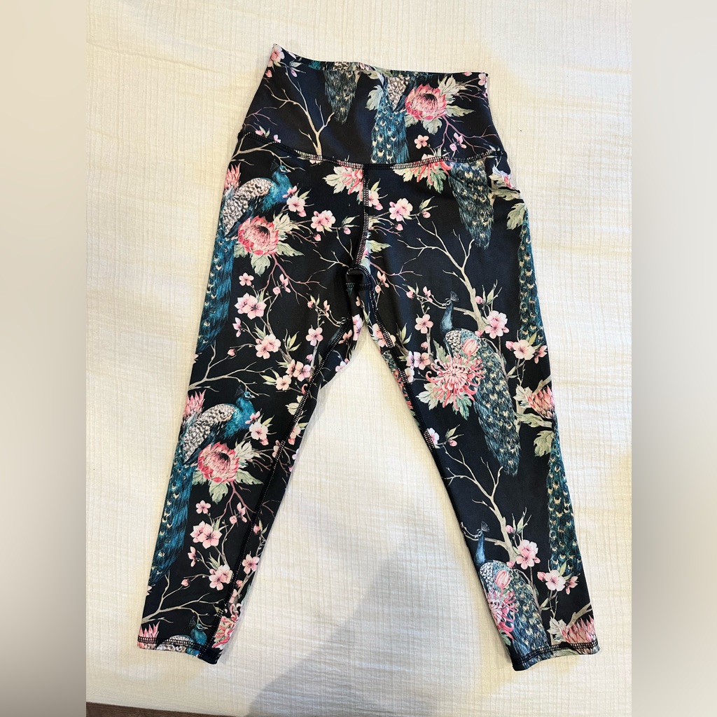 Evolution And Creation Floral Peacock Print Leggings In Black, Pink & Teal